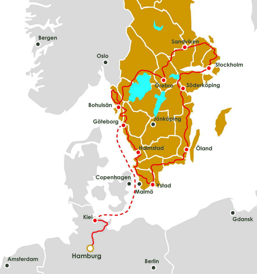 Carte de l'itinéraire du voyage à moto en Suède (13 jours)
