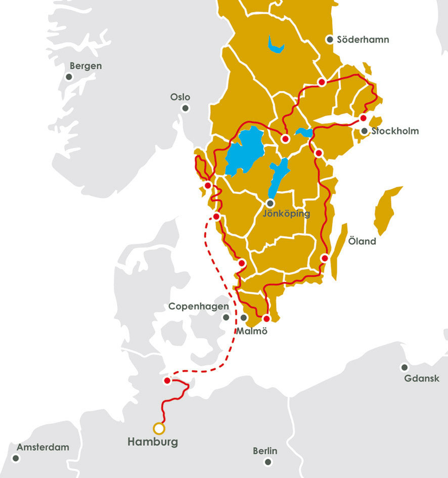 Carte de l'itinéraire du voyage à moto en Suède (13 jours)