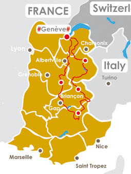 Carte de l'itinéraire emprunté lors du Voyage Moto dans les Alpes en 5 jours