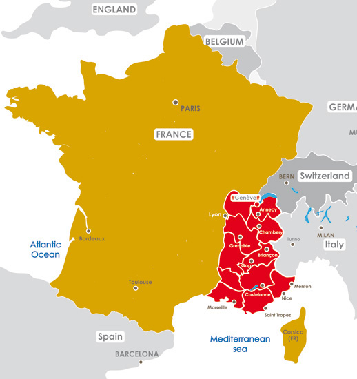 Carte des de france avec en rouge les départements et les villes traversés lors du voyage moto de 5 jours dans les Alpes françaises