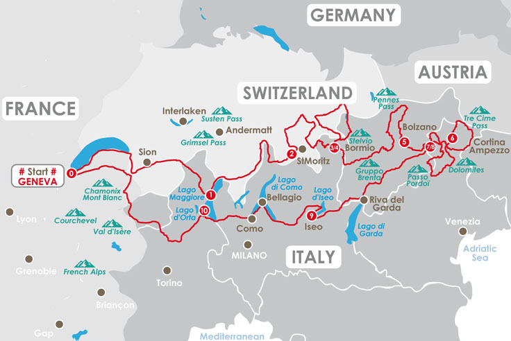 Carte : Itinéraire du voyage en moto en Italie (Dolomites)