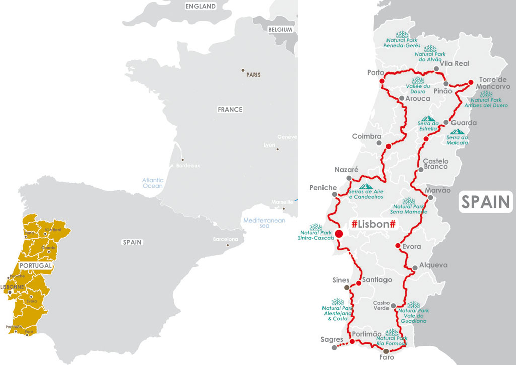 Carte et itineraire du voyage moto Portigal 10j