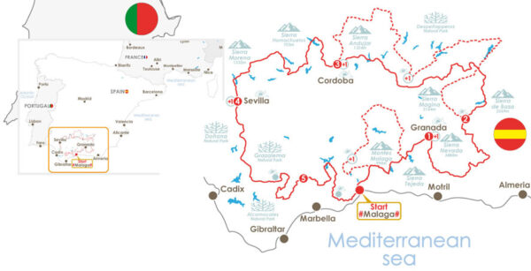 tracé de l'itinéraire du voyage moto en Espagne Andalousie Court