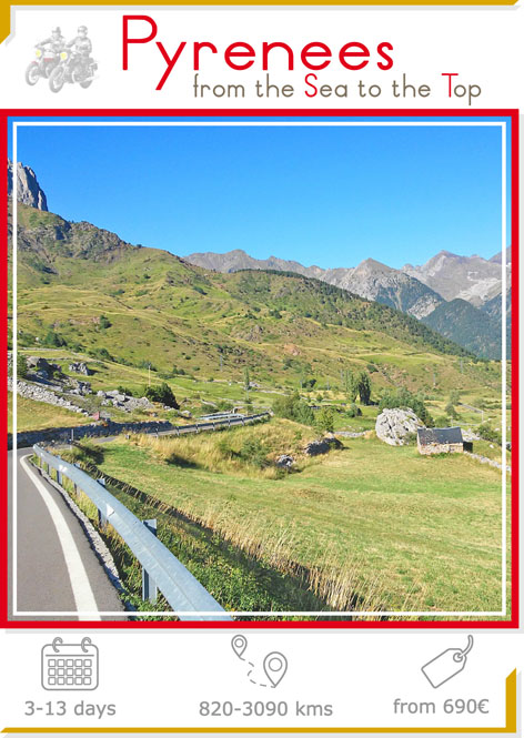 Sticker motorcycle tour Pyrenees France Spain : routes on a Pyrenean valley in summer
