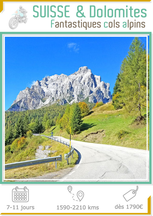 Etiquette illustration du voyage moto Dolomites Suisse : dernier mètres avant le col. vue au dessus de la forêt